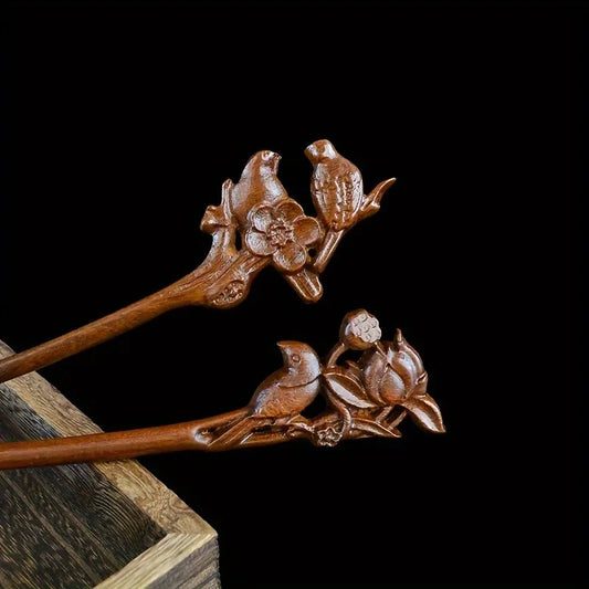 Women's Luxurious Wood Carved Hair Accessory Elegant Collar Bird Peony Carving Suitable for Daily Gatherings Solid Wood Hairpin