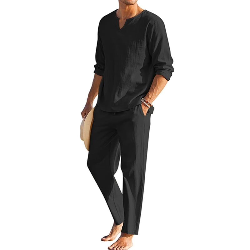 Men's Summer Cotton Linen Clothes Solid Color Long Sleeve Henley Shirt Elastic Waist Drawstring Pants 2 Pieces Loungewear Set