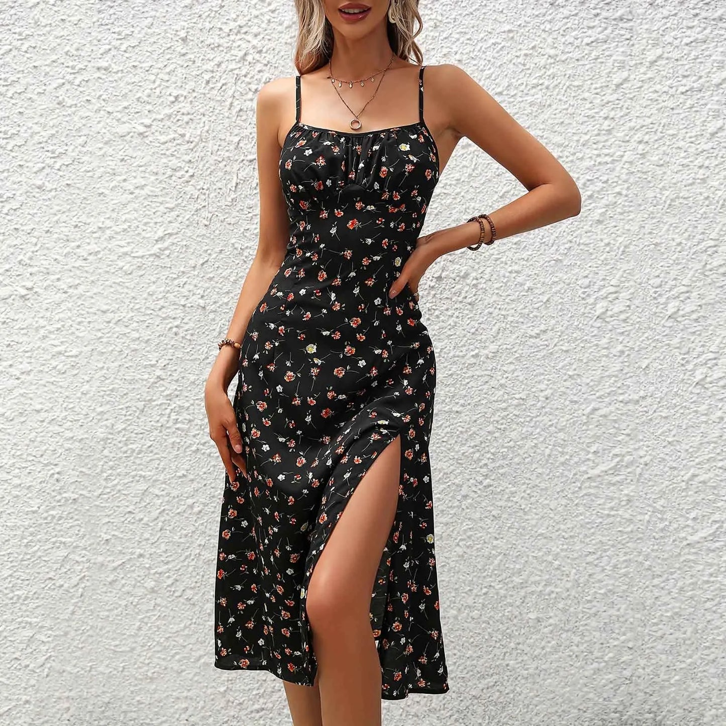 Ladies Sexy Polka Dot Split Floral Suspender Dress Summer Side Slits Slim Waist Party Dress