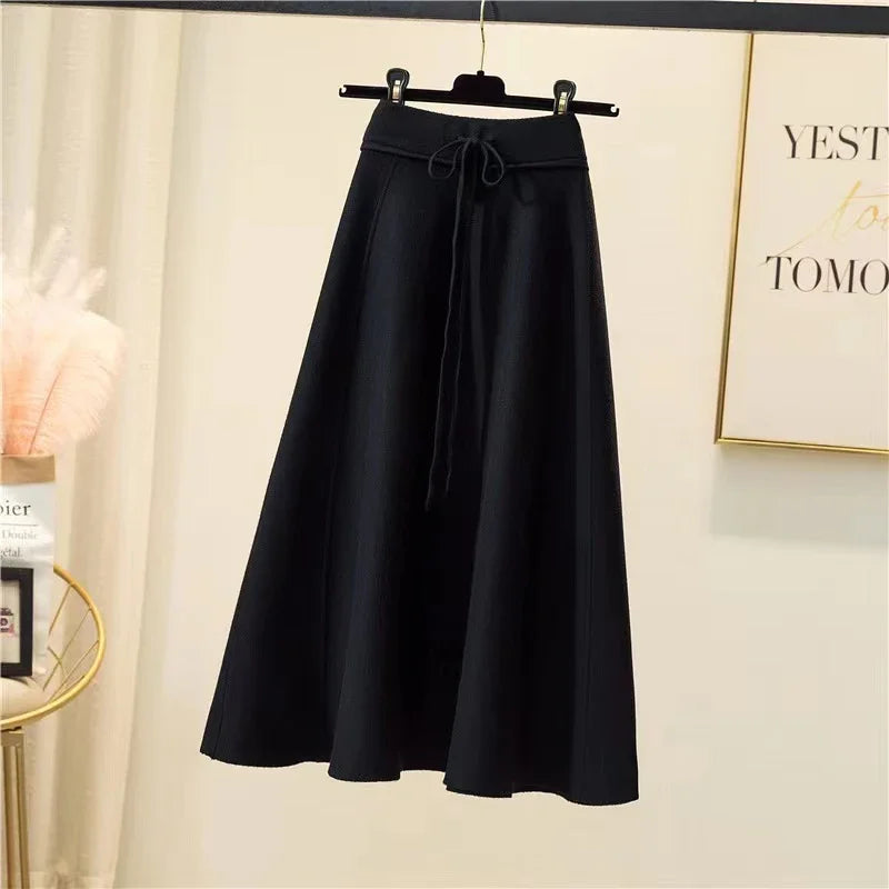 Knitted Midi High Waist Pleated A Line Skirt