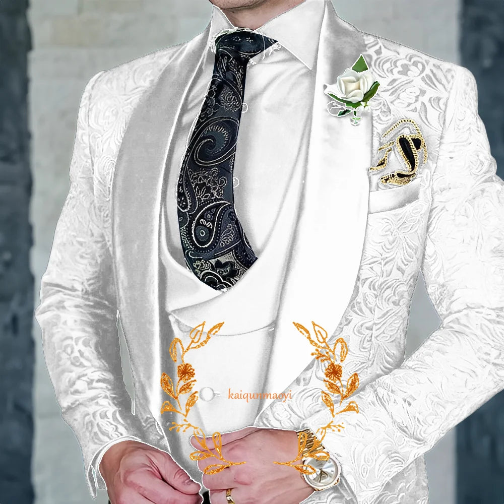 Jacquard Elegant Men's 3 Piece Suit Set Wedding Groom Tuxedo Jacket Pants Vest Formal Party Dress