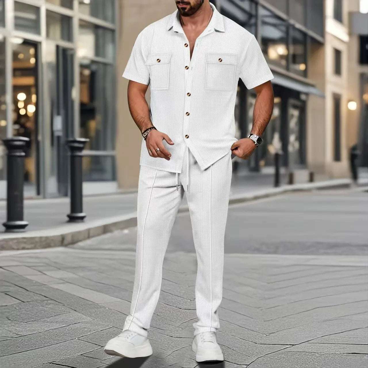 cross-border men's summer new solid color button-up pocket shirt short-sleeved trousers two-piece set