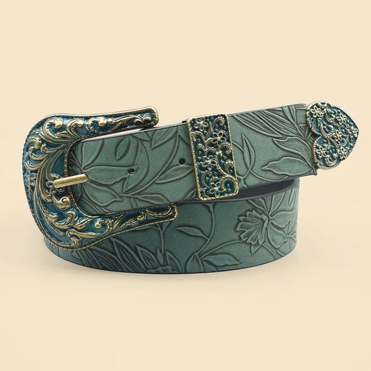 Vintage Dark Color Carved Women's Belt with Leaf Print, Versatile for Autumn and Winter Casual Belt