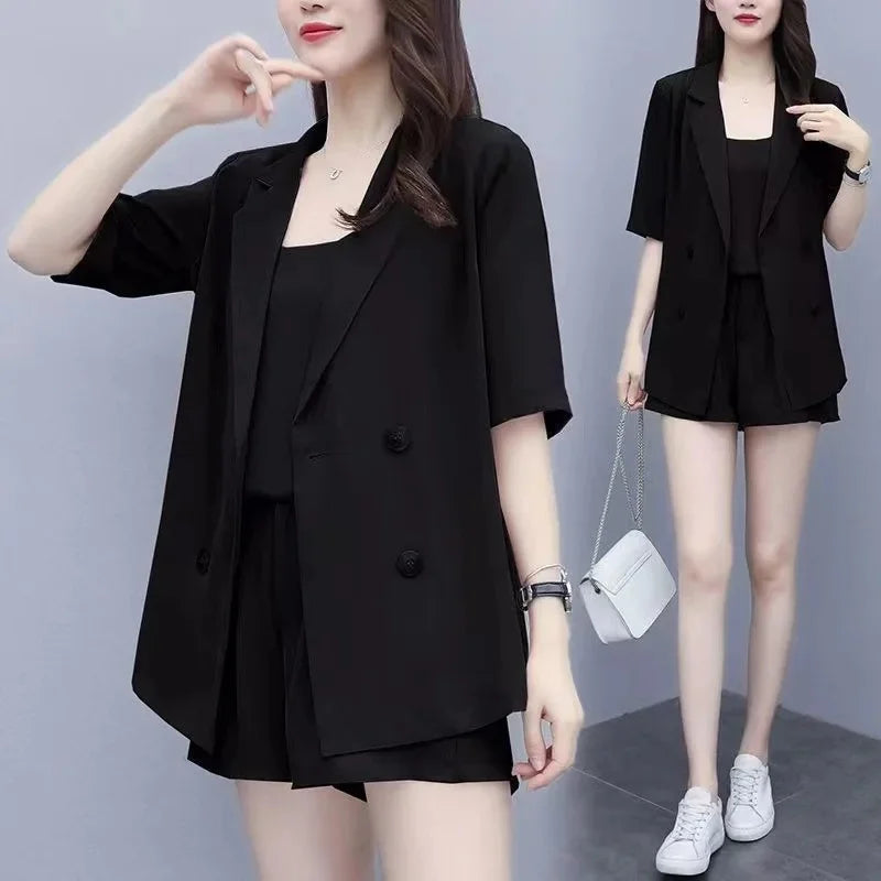 Plus Size Women's Fashionable Summer Set Cover Belly Shorts And Blouse Three Piece Set Stylish plus Size Clothing Ensemble