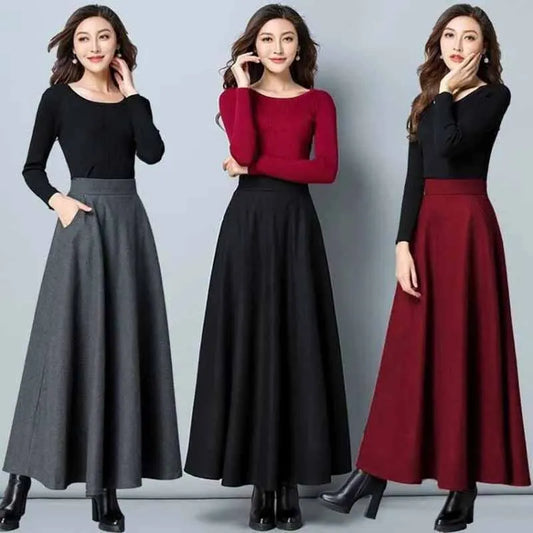 Long Woolen High Waist  A Line Thick Warm Pocket Maxi Skirt
