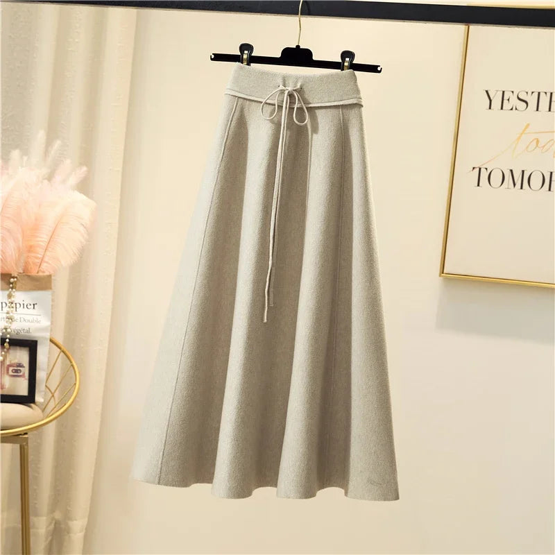 Knitted Midi High Waist Pleated A Line Skirt