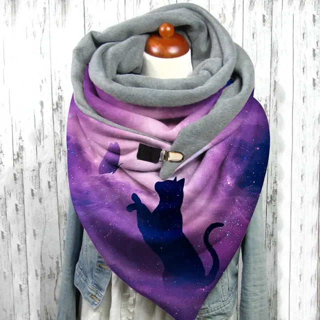Winter Women's Floral Print Thick Warm Scarf – Windproof Double-Layer Buttoned Wrap