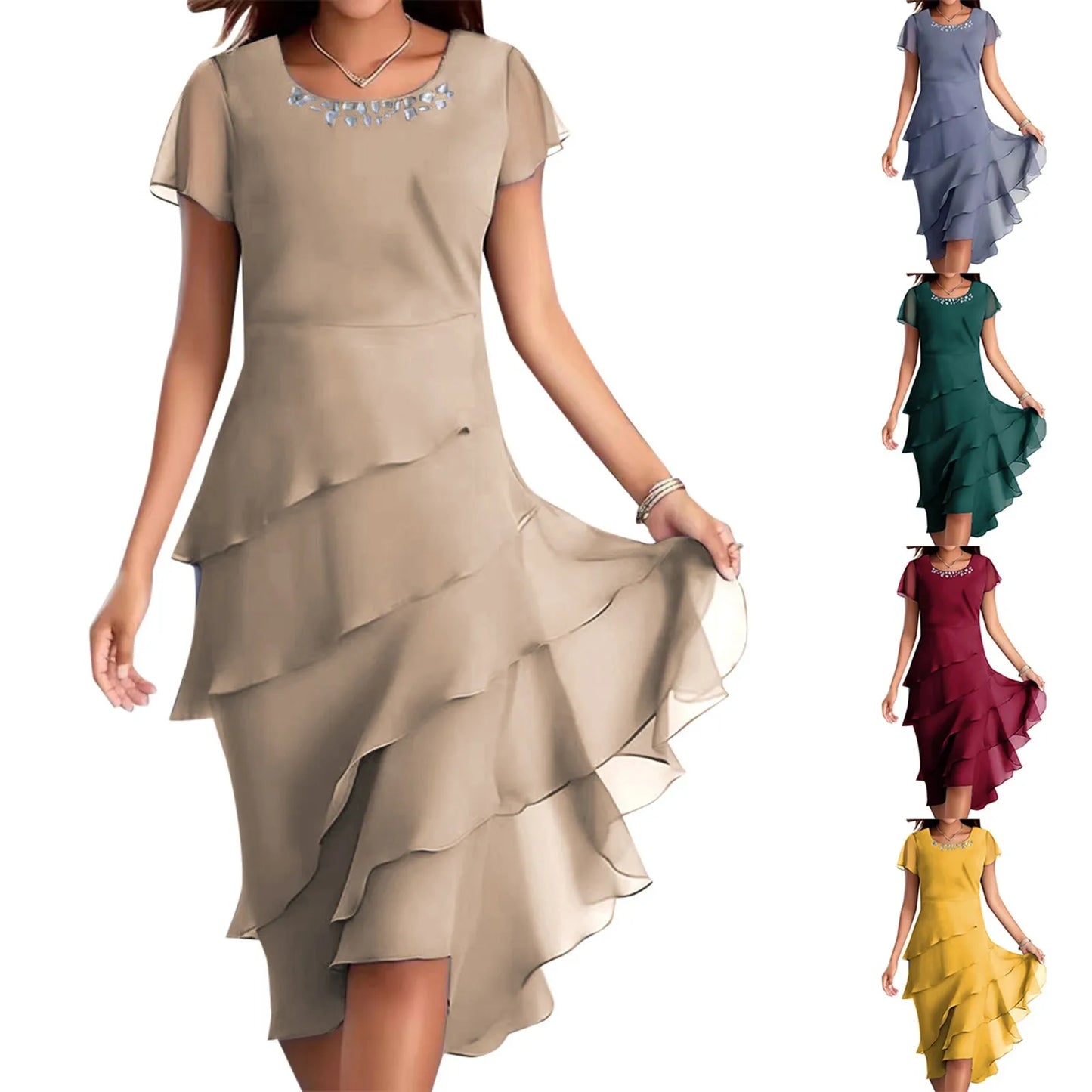 Women's Summer Elegant Solid Color Ruffles Pleated Party Dress Fashion Diamonds Patchwork O-neck Swing Hem Evening Prom Dress