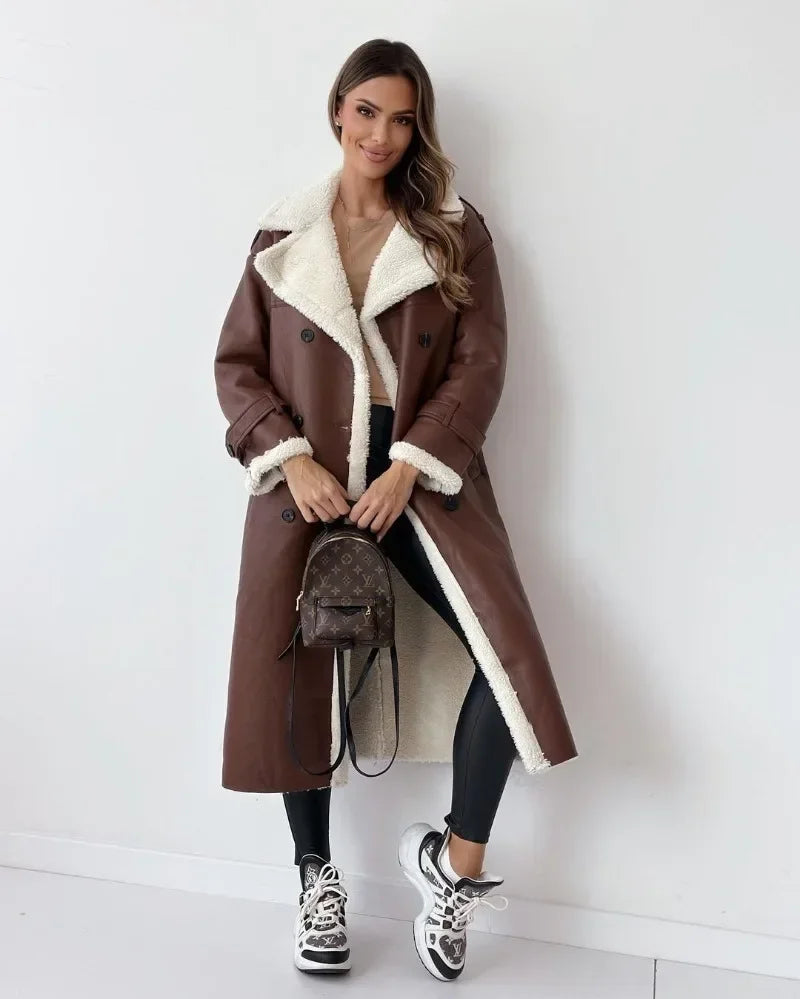 Faux Fur Thick Warm Jacket Ladies Long Sleeved Lapel Collar Elegant Soft Coat