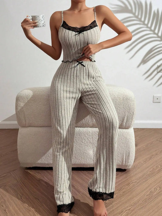 Gray spaghetti strap vest pajamas long pants two -piece suit