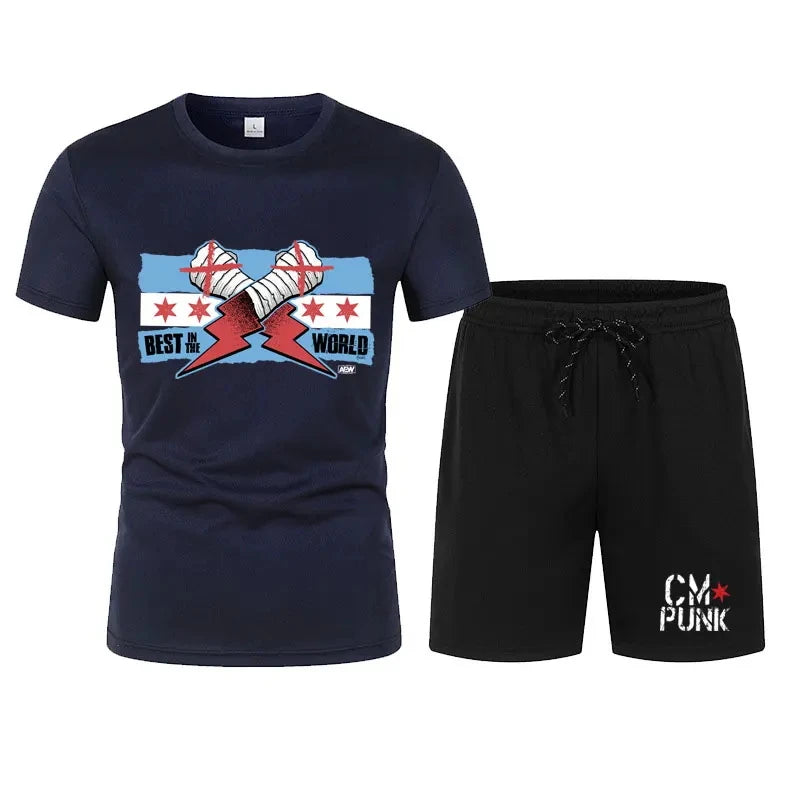 Men's black CM return punk T-shirt shorts suit summer short-sleeved men fashion comfortable loose clothing suit