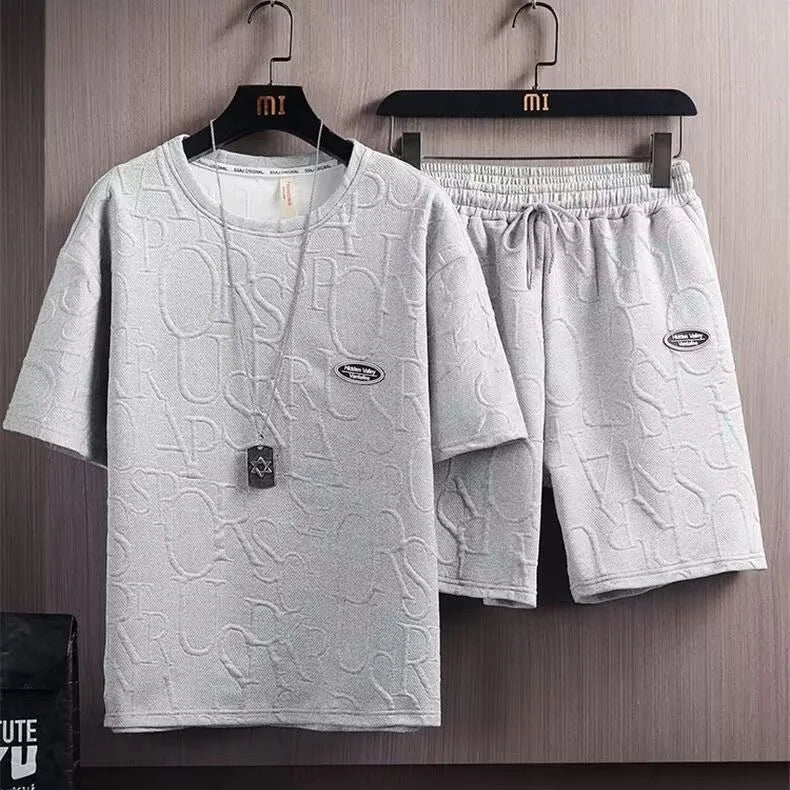 Men's sets Waffle Summer Casual T shirt  + Shorts Suit basketball Tracksuit Letter print Solid color tracksuit loose suit