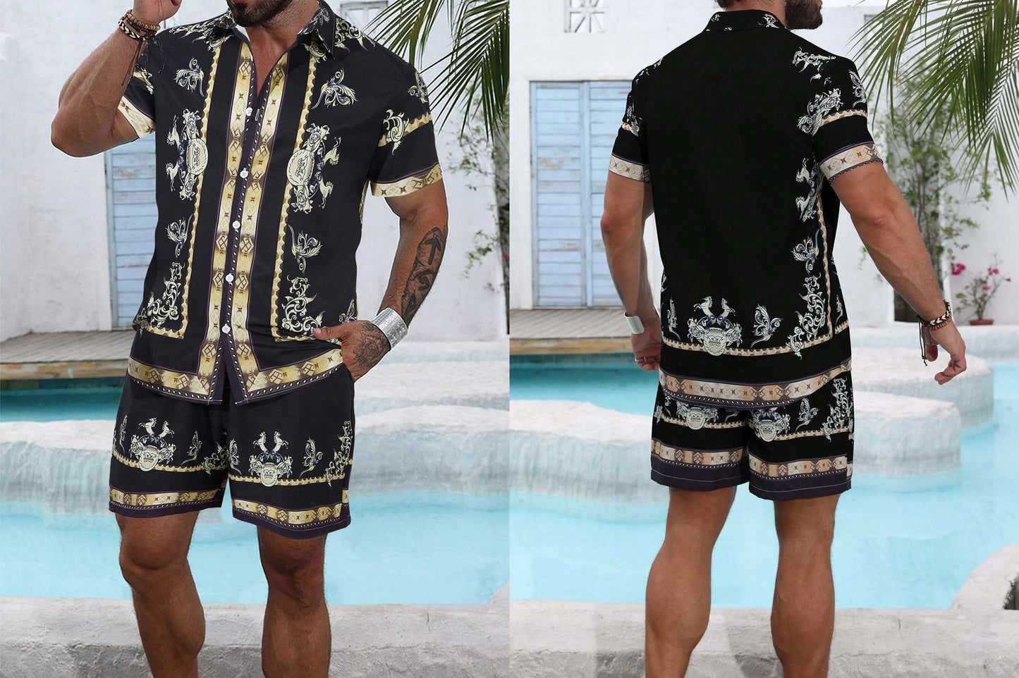 Baroque Luxury Printed Men's Shirt Shorts 2 Piece Set Summer Casual Shirt Hawaiian Beach Short-sleeved Men's Suits Clothing