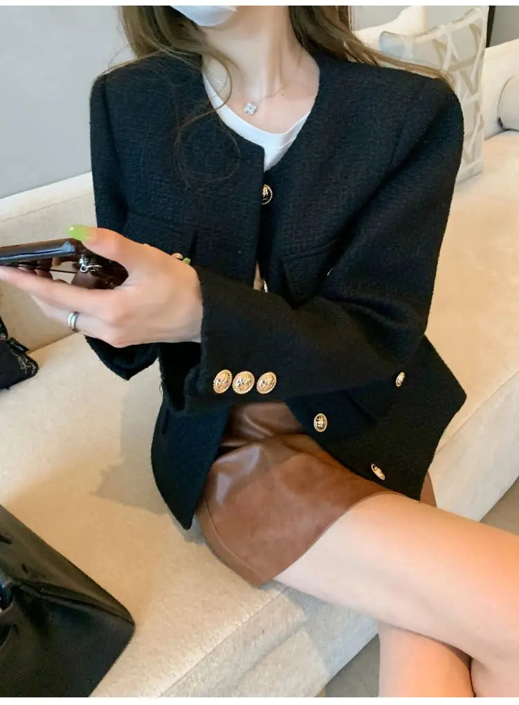 French Wool Tweed Coat Fashion High-end Gold Button Short Slim  Spring and Autumn  Women's Jacket