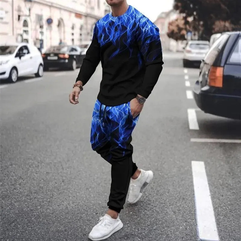 Men's 3D printed sweatshirt set Colorful Flame cap sweatshirt Sweatshirt sweatpants crew neck sportswear