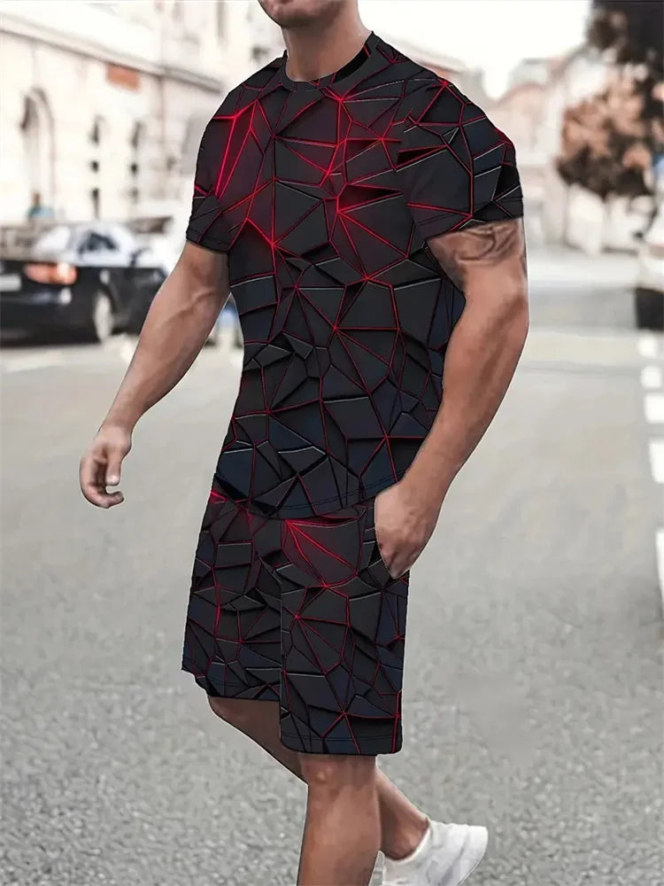 Men's Short-sleeved Shorts Suit Summer Fashion Round Neck T-shirt, Shorts Two-piece Street Shooting Casual Clothing