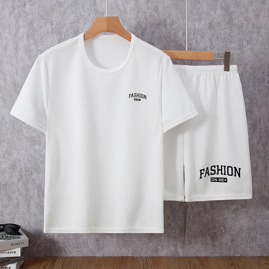 2-piece Summer Men's Solid Color Waffle Fashion Suit Loose Plus Size  Casual Breathable Short Sleeve Letters  Shorts