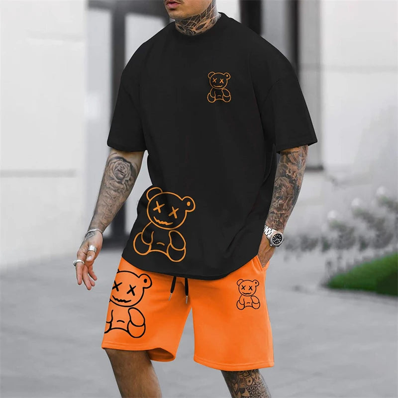 American fashion brand sports short sleeved shirt quick drying men's set summer new loose digital print set soft