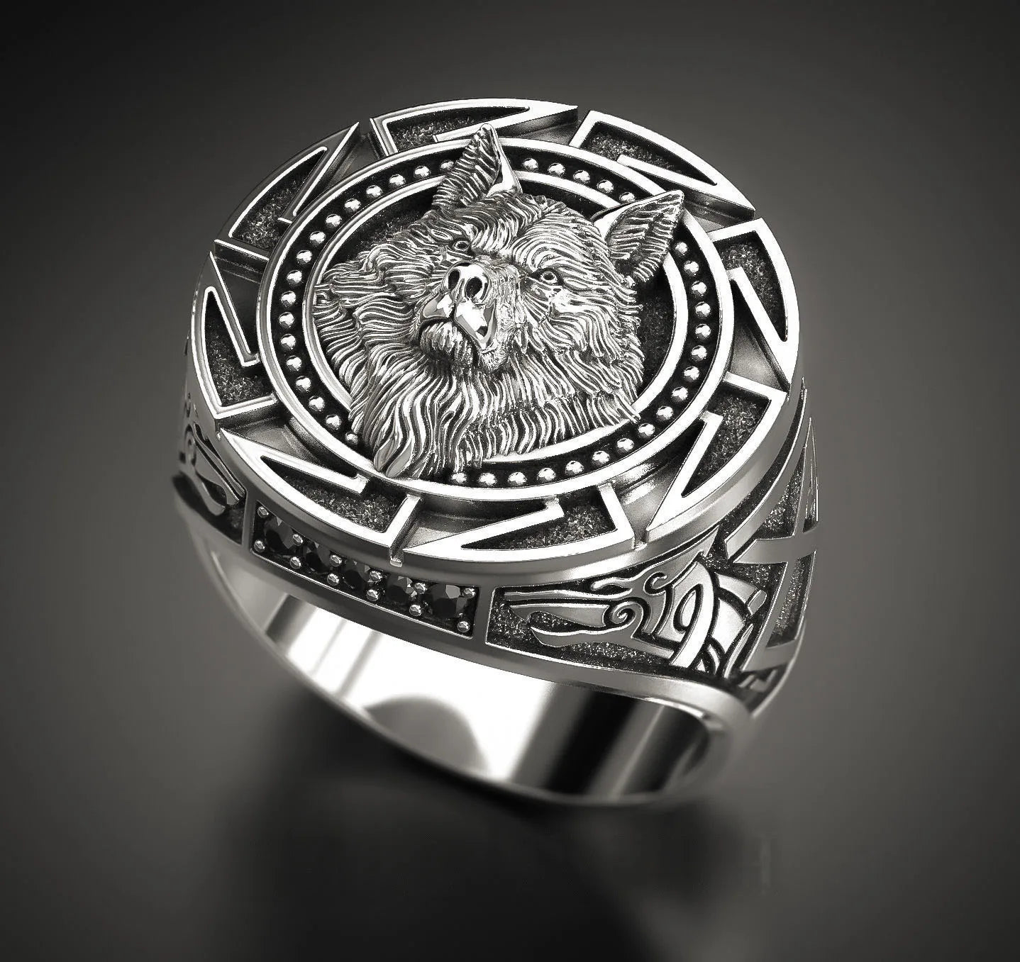 Retro Wolf Totem Nordic Mythology Viking Warrior Wolf Head Men Ring Geometric Design
