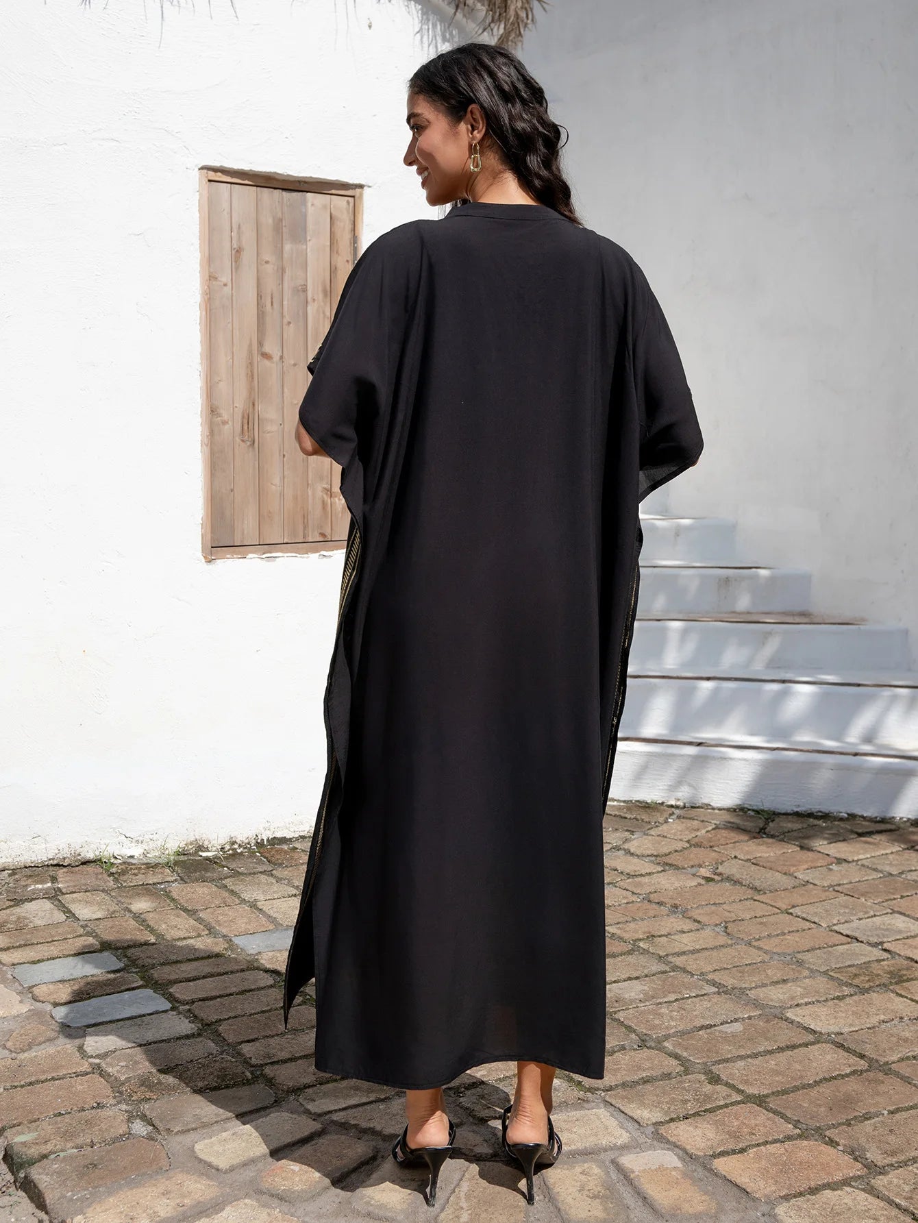 Embroidery Black Women Cover-ups  Loose Fitting Long Robe Beach Vacation V-neck Sunscreen Clothing Kaftan