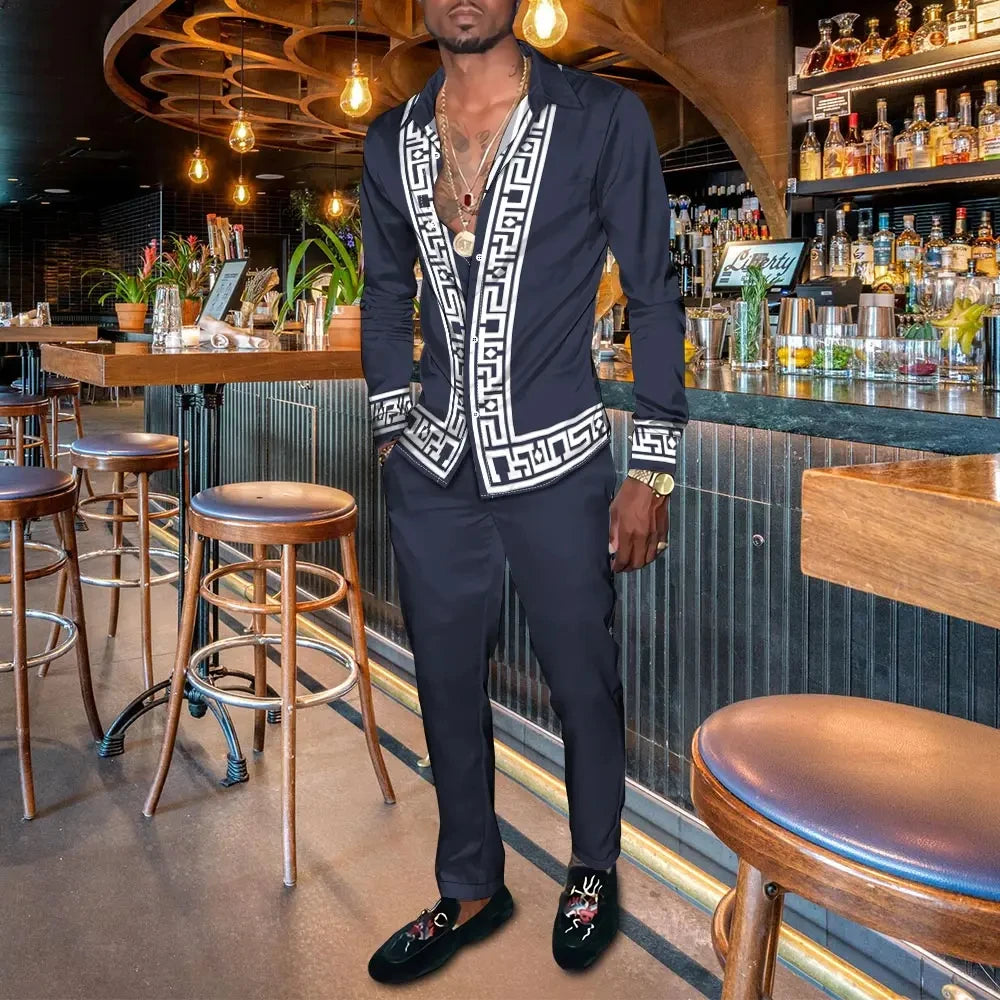 Retro Men's Shirt Suits 3D Luxury Print Fashion Men Casual Breathable Men's Lapel Long Sleeve Shirt Long Pants2 Pcs Set