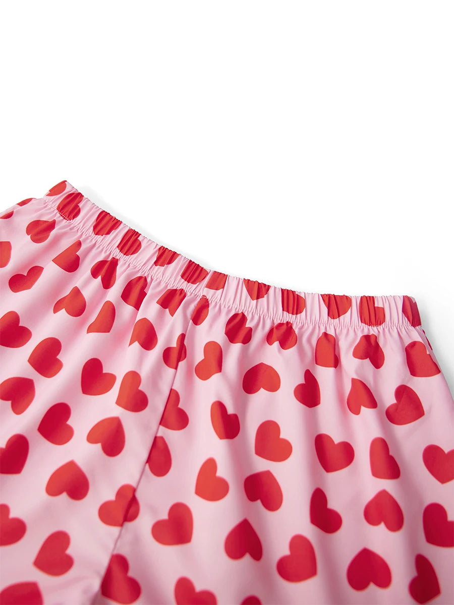 Valentine s Day Pajama Set with Heart Print Short Sleeve Top and Drawstring Shorts  Loungewear Set