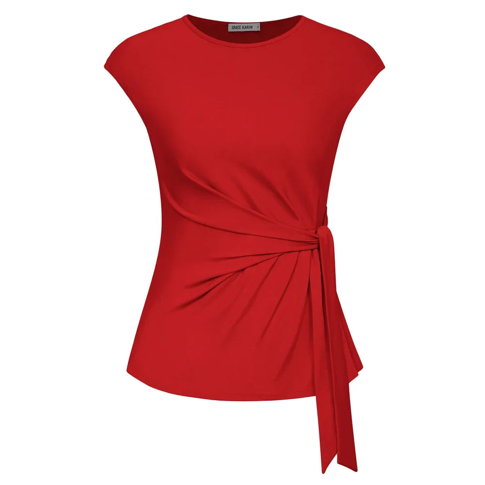 Front Bow Knot  Cap Sleeve Crew Neck Pullover