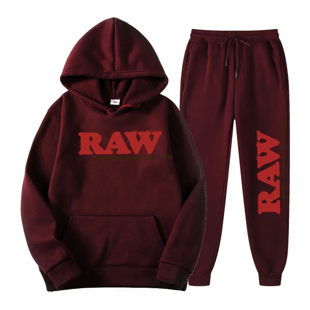 Men's Set RAW  Running Hoodie Sweatpants Men's Set 2PK Autumn Winter Casual Woolen Sportswear