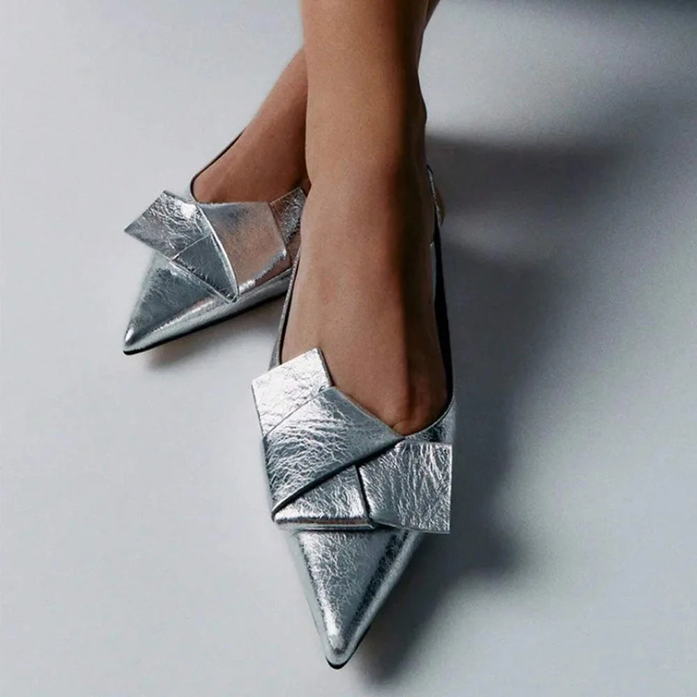 Kitten Low Heels Bownkot Pointy Toe Leisure Sandals Pleated Slip-on Back Strap Flats