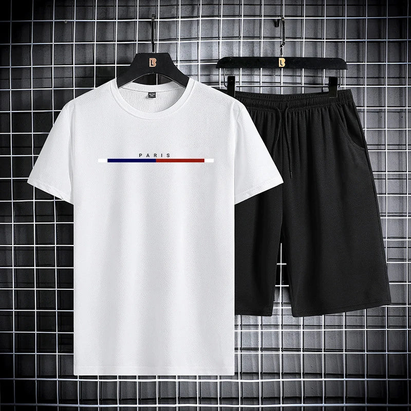 Summer men's short sleeved shorts set with round neck quick drying sports T-shirt thin breathable running sportswear