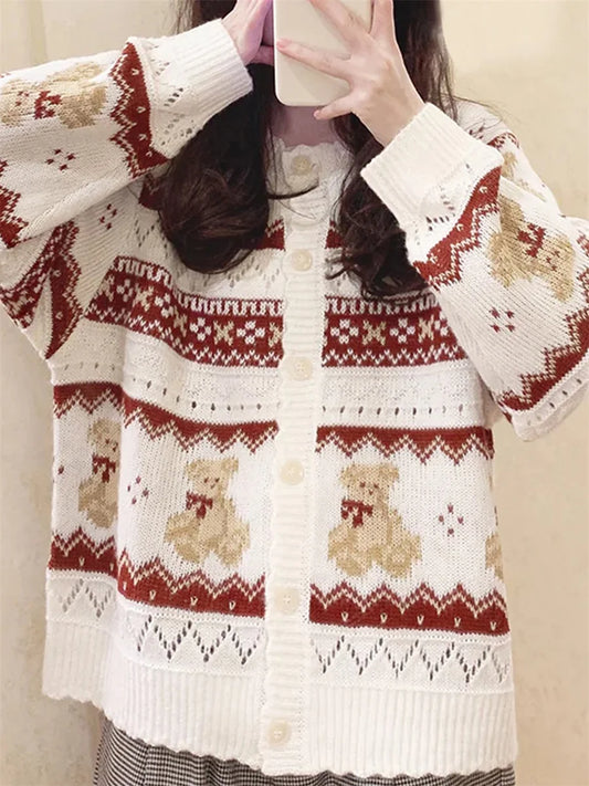 Women s Bear Print Cardigan Long Sleeve Drop Shoulder V-Neck Button Down Sweater Knit