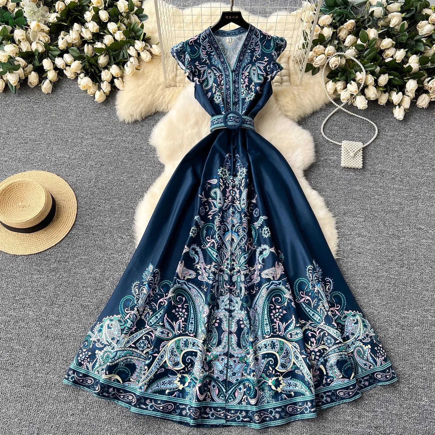 Summer Women Clothing Runway Fashion Paisley Print Flying Sleeve V-Neck Single Breasted Belted Vintage Party Long