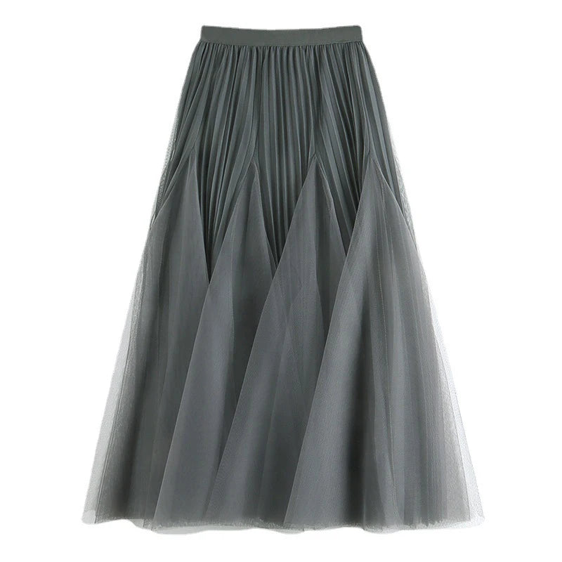 Irregular Stitching Mesh Large Swing Pleated  High Waist Mid Length Puffy Skirt