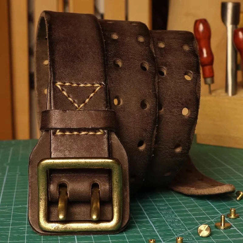 Original Handmade Double-needle Buckle Belt Washed  Genuine Leather