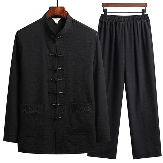 Chinese Traditional Clothing Set Man Fall Linen Buckle Shirt Oriental Retro Top Pants Tai Chi Breathable Uniforms
