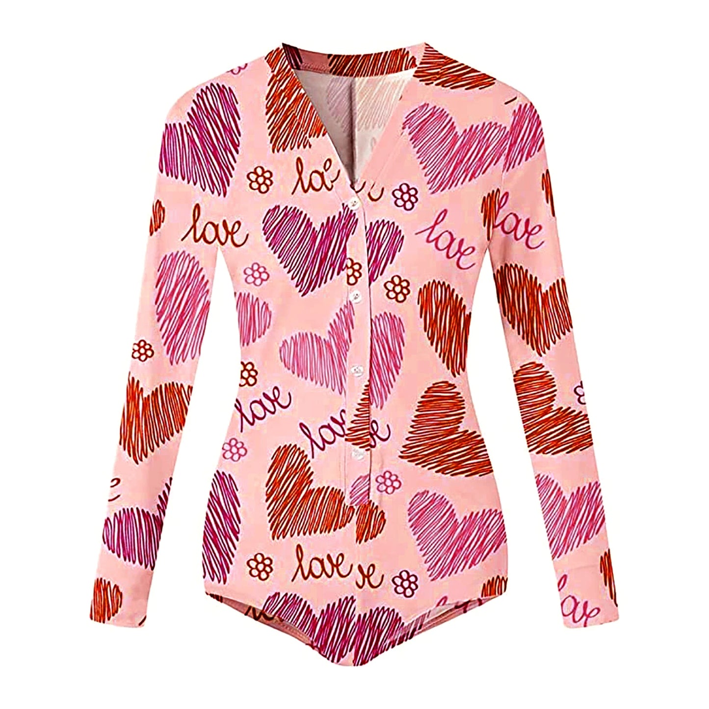 Women’s Long Sleeve Valentine Day Jumpsuit Bodycon V Neck Lip Print Button Down Short Romper Indoor Sleepwear