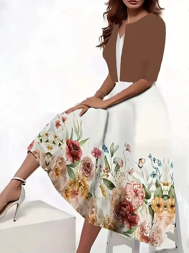 Europe and United States  women's dress two-piece floral and geometric print dress leisure holiday women's wear