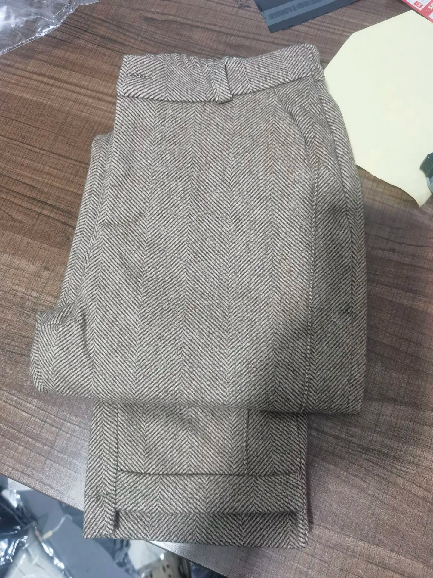 High-waisted Tweed Straight Pants Loose Casual Herringbone  Cropped Trousers