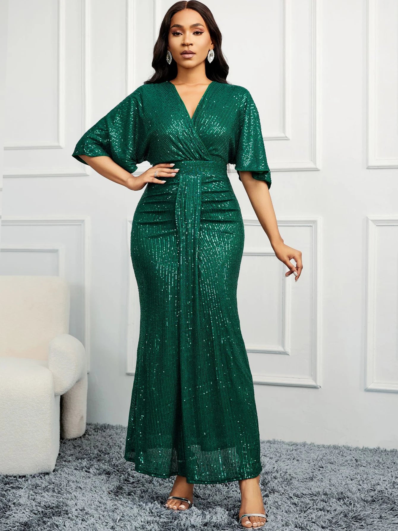 Sequin Dress V-Neck Ruffles Short Sleeves Vintage