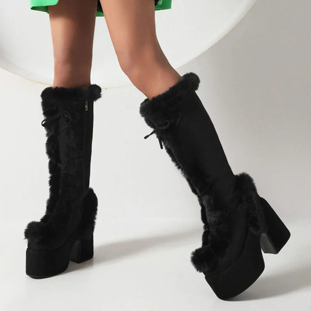 Mid Calf Furry Winter Snow Boots Flock Faux Fur Platform Chunky High Heel Fleece Side Zipper
