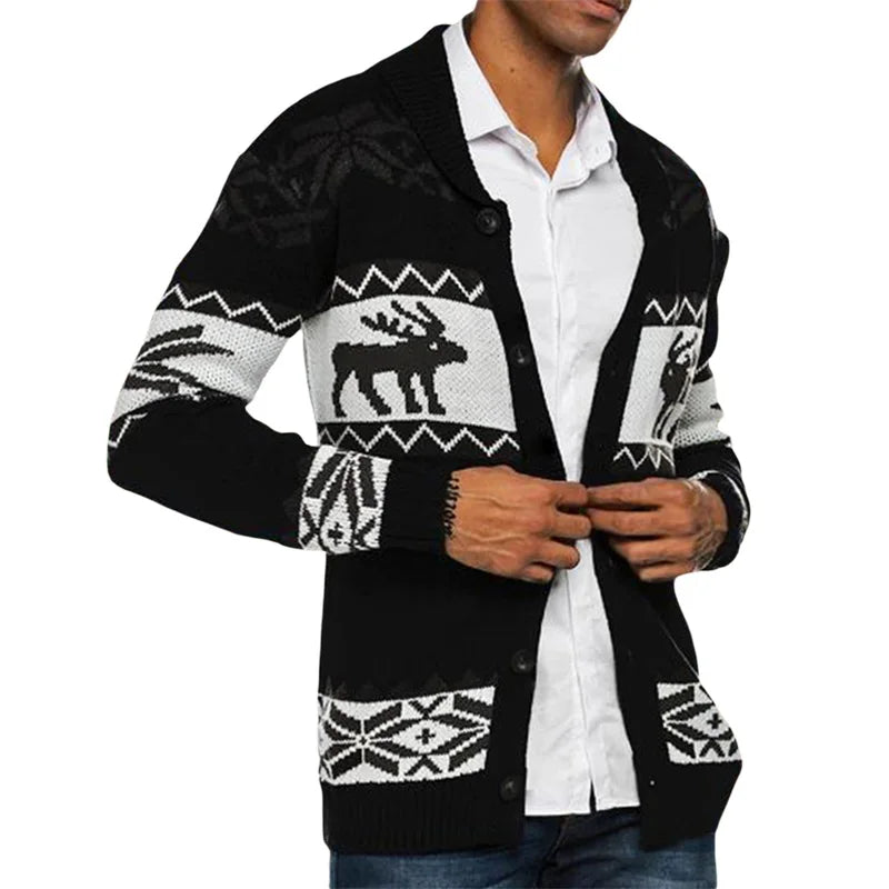 Christmas Cardigan Casual Long Sleeve Shawl Collar Reindeer Snowflake Print Sweater Knitted Tops