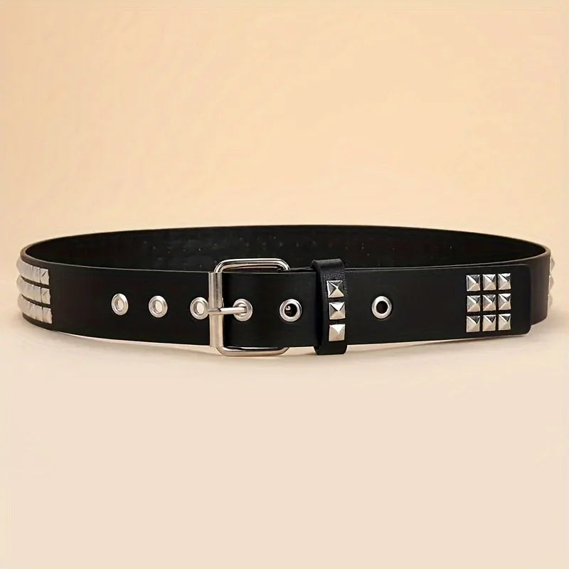 Rivet belt equipped with stainless steel square buckle, PU panel material, male and female pyramid rivet