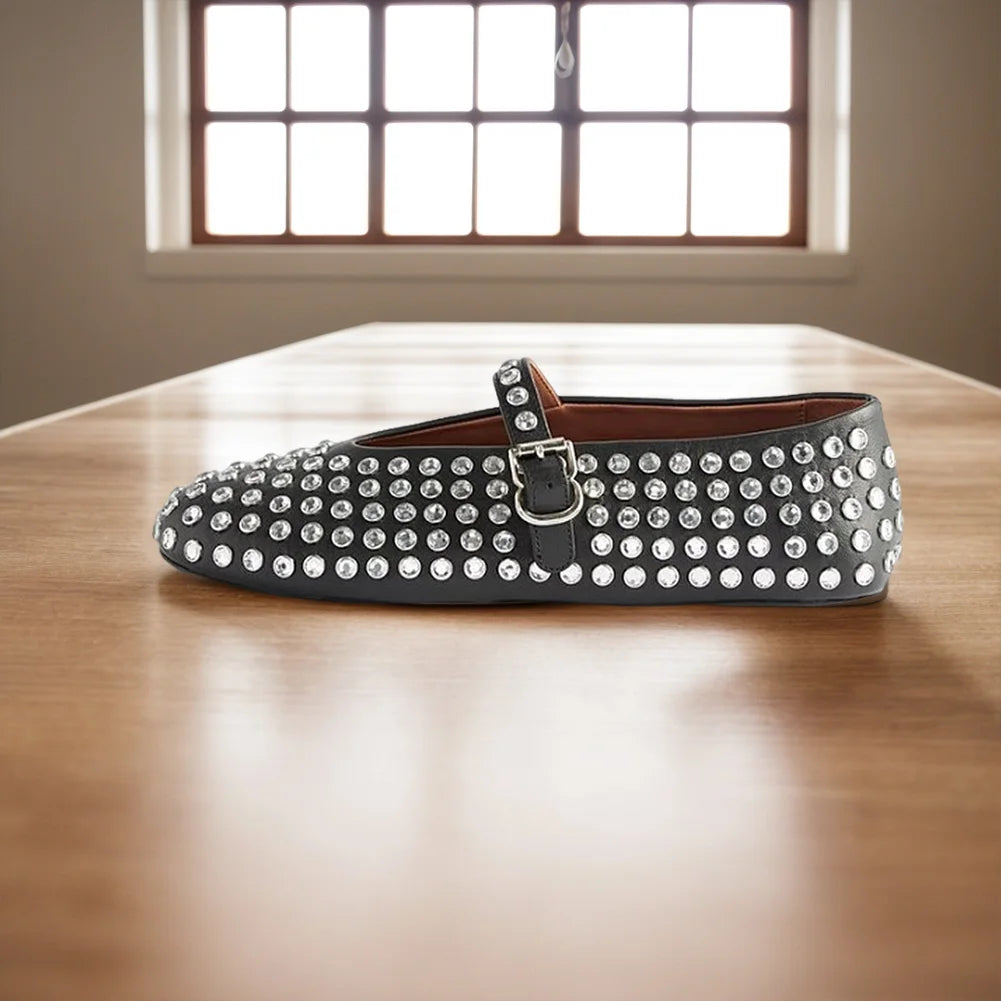 Glitter Shoes with Buckle Strap Rhinestone Ballet Flats Crystal  Comfortable Casual Shoes