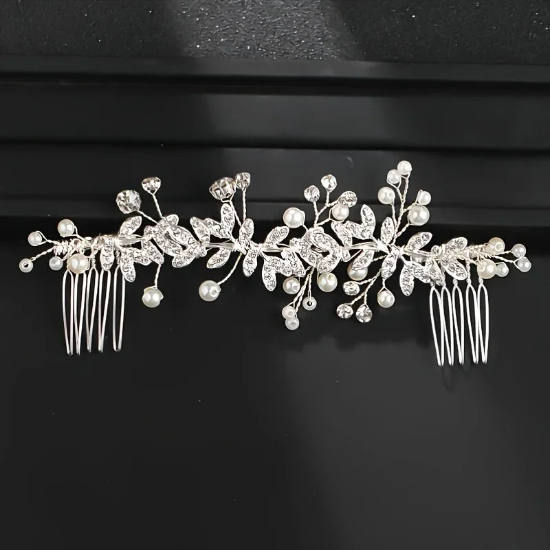 Handmade Silver Crystal Flower Hair Comb Pearl Rhinestone Flower Hair Combs For Women  Hair Jewelry Wedding Hair Accessorie