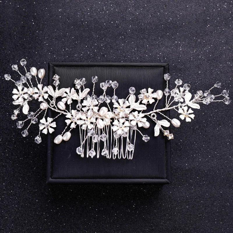 Handmade Silver Crystal Flower Hair Comb Pearl Rhinestone Flower Hair Combs For Women  Hair Jewelry Wedding Hair Accessorie