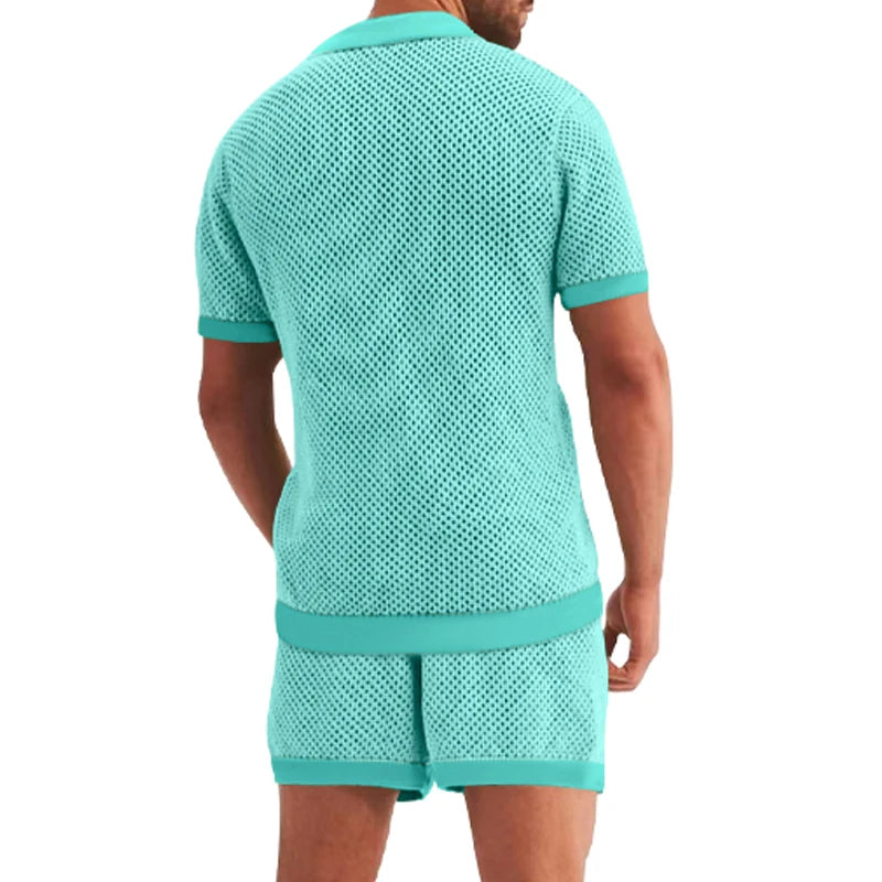 2-Piece Summer Outfit for Men - Breathable Mesh Shirt with Lapel Collar and Button Details, Matching Semi-Transparent Shorts with pockets