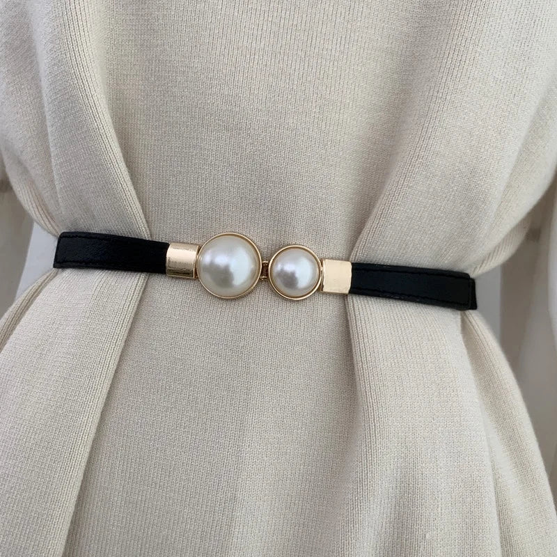 Women's Thin Elastic Belt Decorative Dress Double Pearl Buckle Belt Waistband