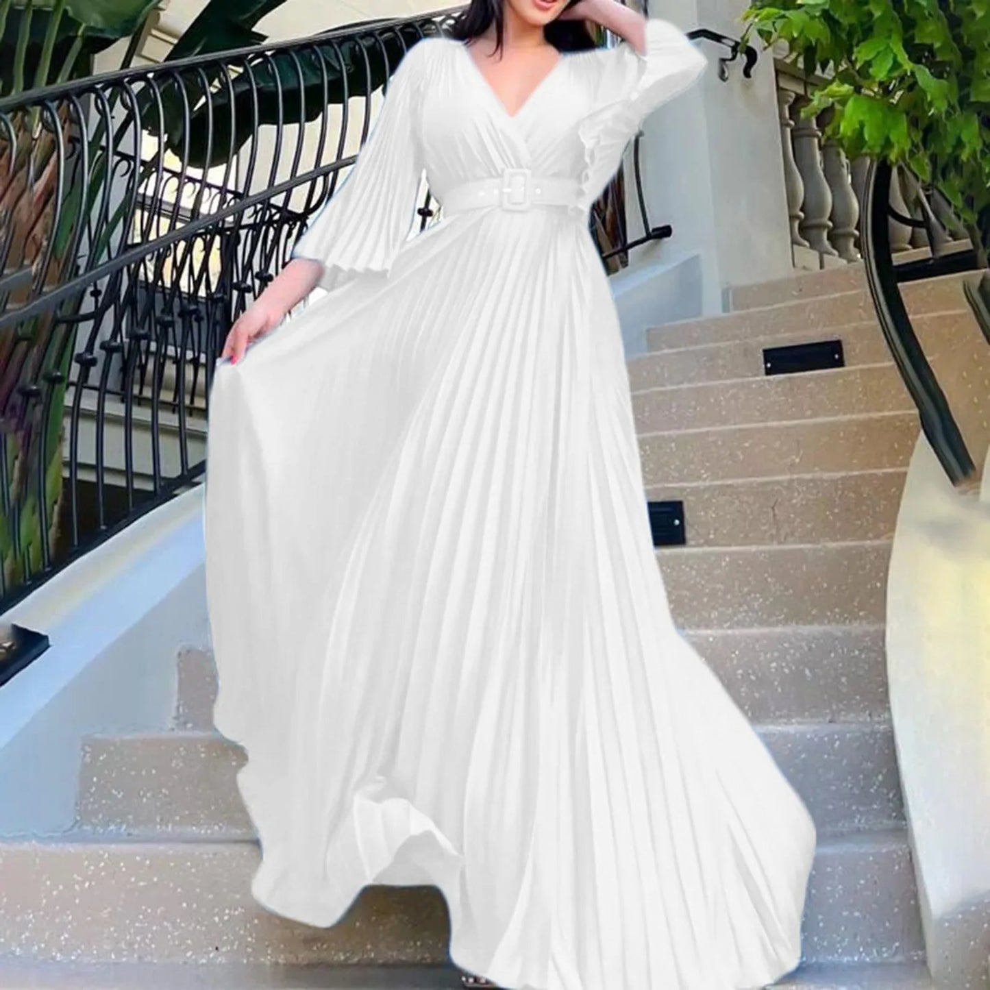 Women's Elegant Evening Dress Deep V Neck Flare Sleeve Pleated Prom Dress With Belt Formal Dresses For Women