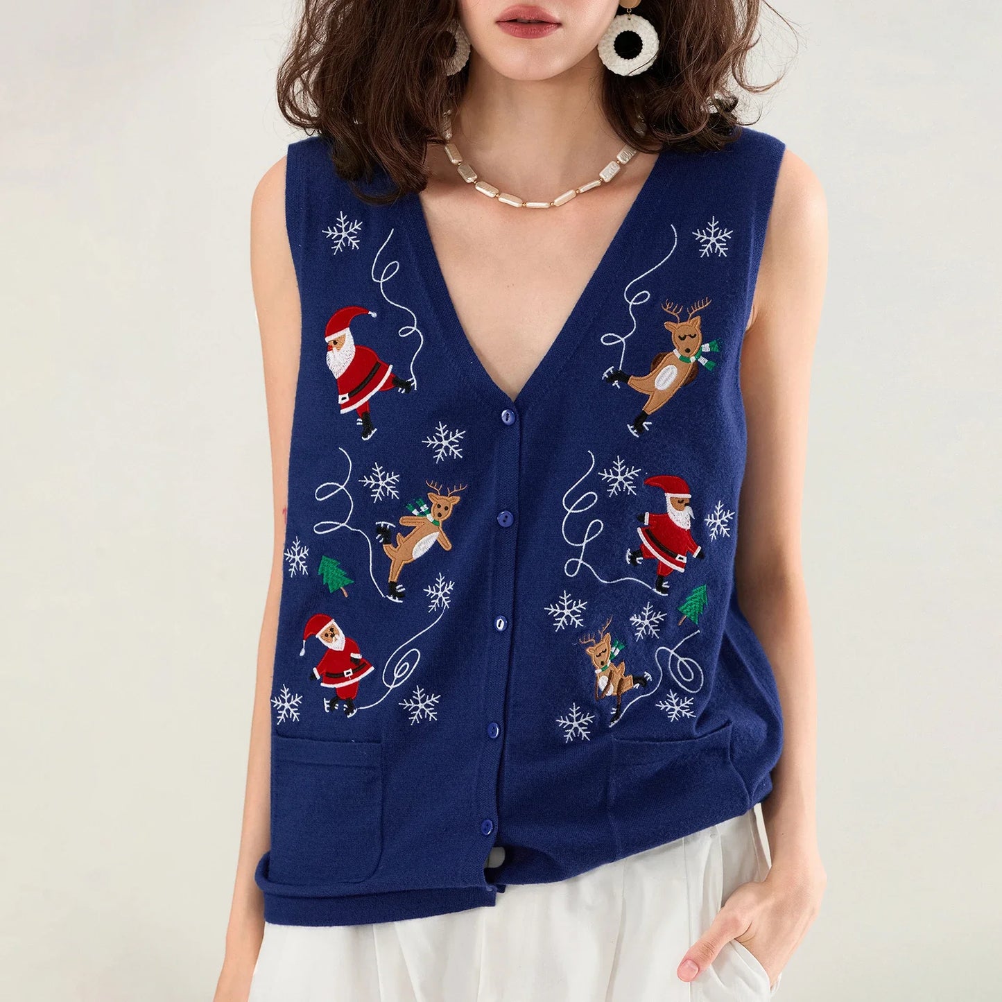 Women Christmas Knit Vest Top Embroidery Sleeveless Button Down Sweater Vest  Cardigans
