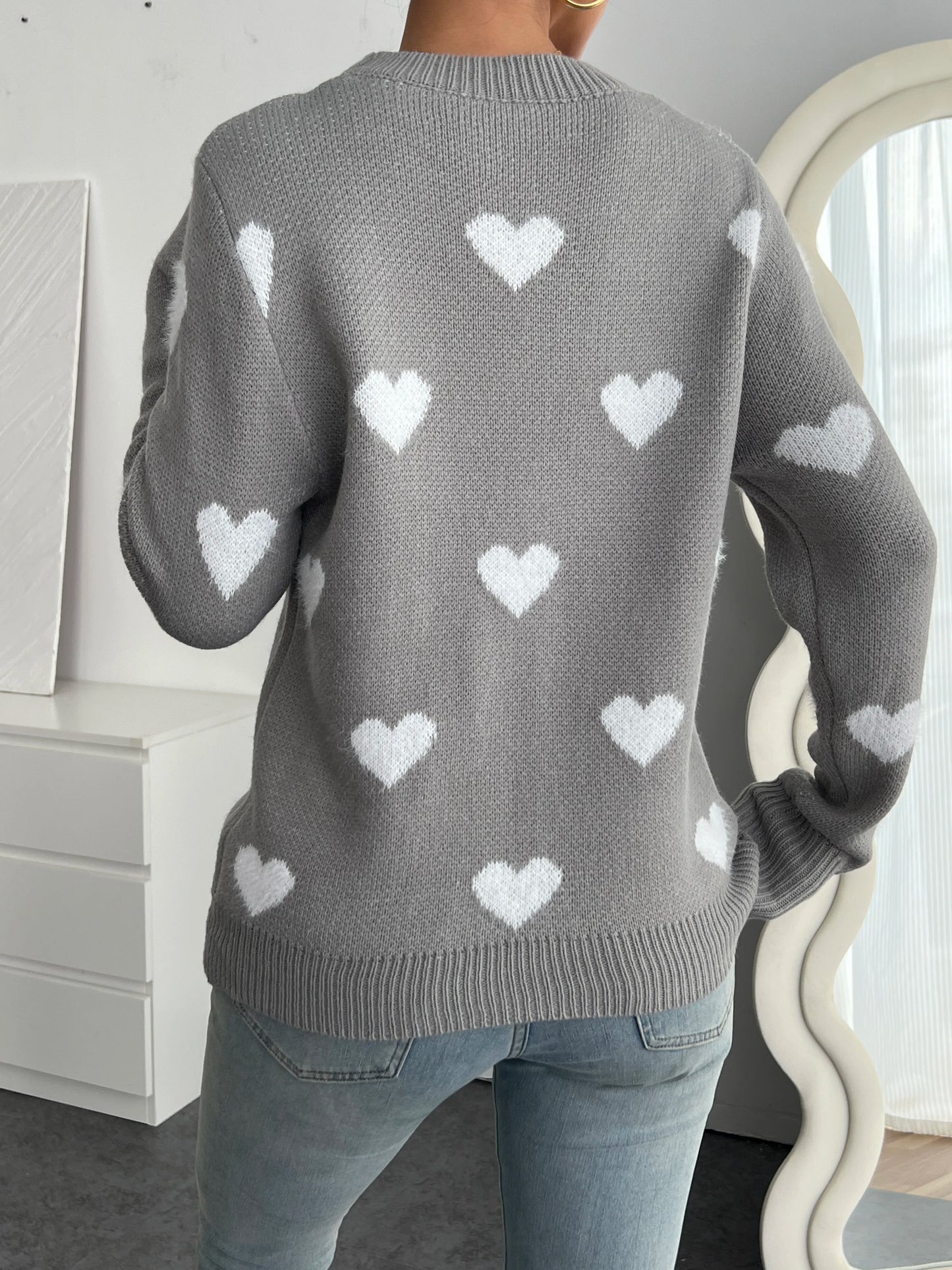 Women's Chic Blue Heart Pattern Crew Neck Sweater - Cozy Long Sleeve Knit Pullover, Soft Acrylic/Nylon Blend